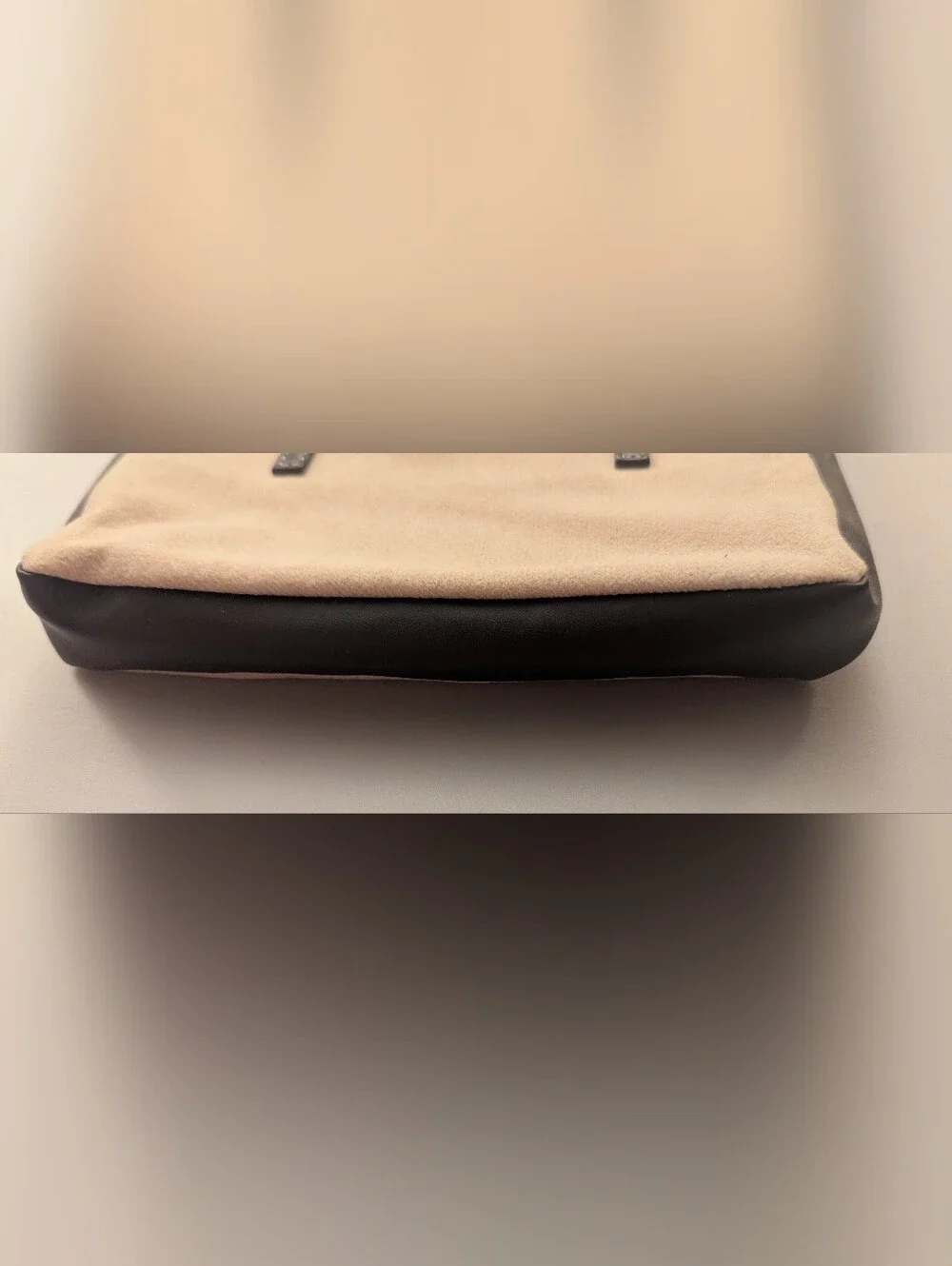 Lancome Beige Brushed Felt Brown Leather Trim Lined Zippered Clutch Tote 8.5
